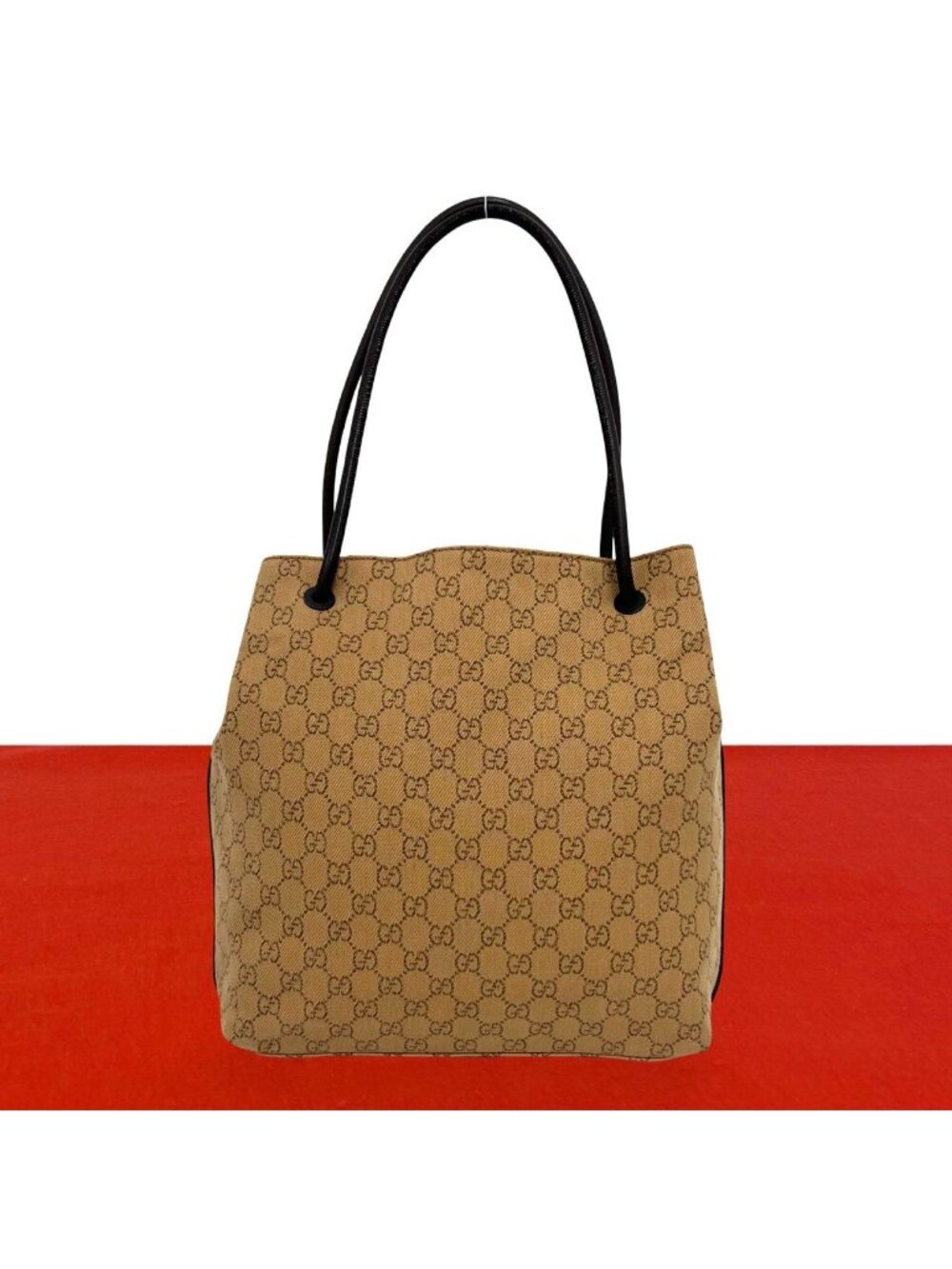 Gucci GG Pattern Logo Canvas Leather Tote Shoulder Bag Beige Brown